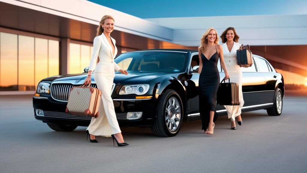 Chauffeur holds limousine door open at airport curb for a professionally dressed passenger with luggage; Houston VIP Limousine fleet visible in the background.