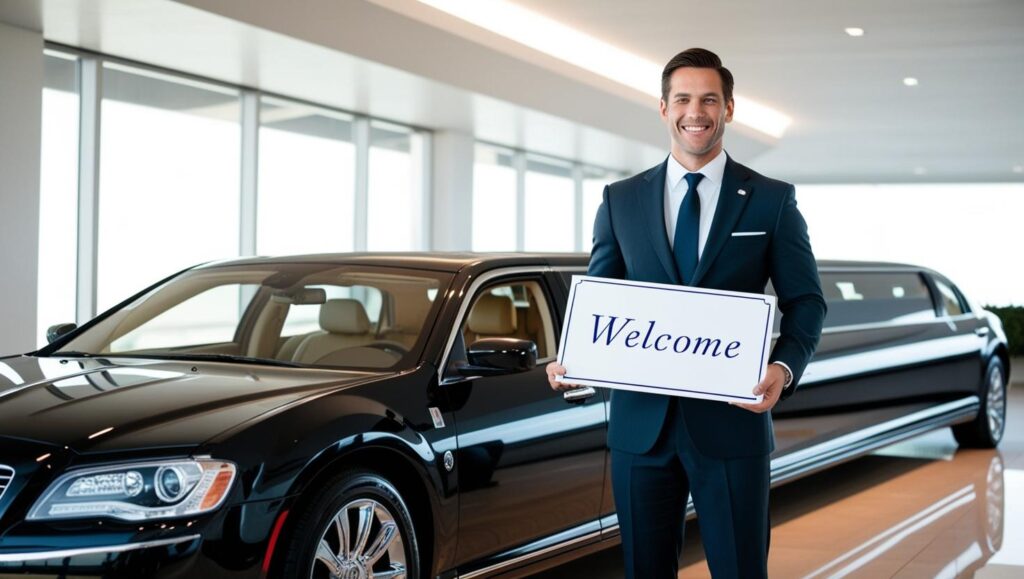 Chauffeur holds limousine door open at airport curb for a professionally dressed passenger with luggage; Houston VIP Limousine fleet visible in the background.