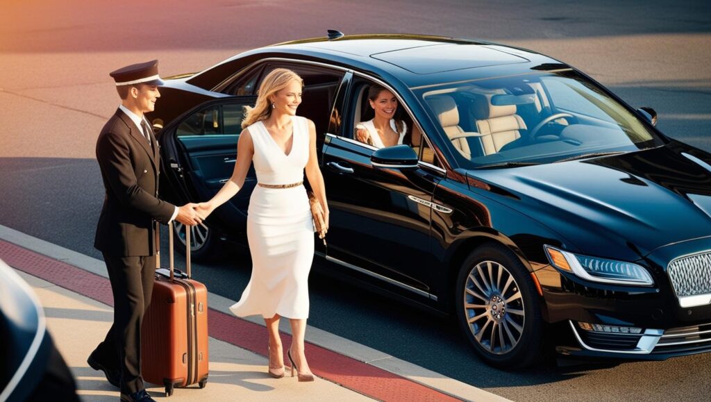 Chauffeur holds limousine door open at airport curb for a professionally dressed passenger with luggage; Houston VIP Limousine fleet visible in the background.