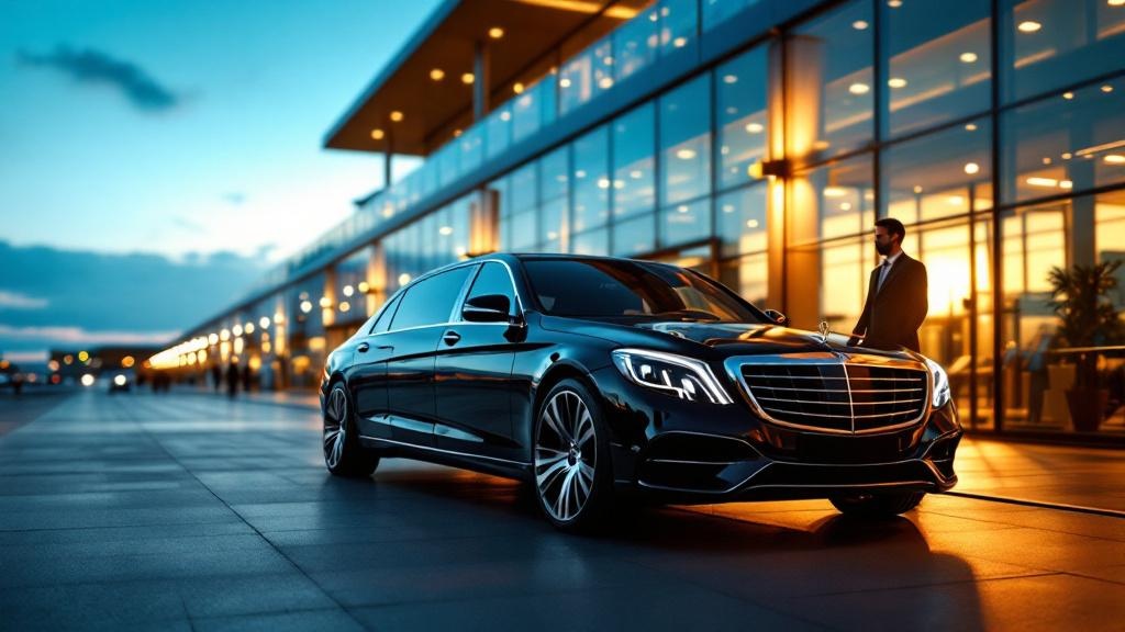 Limousine dropping passengers off at the lit-up Houston airport terminal.