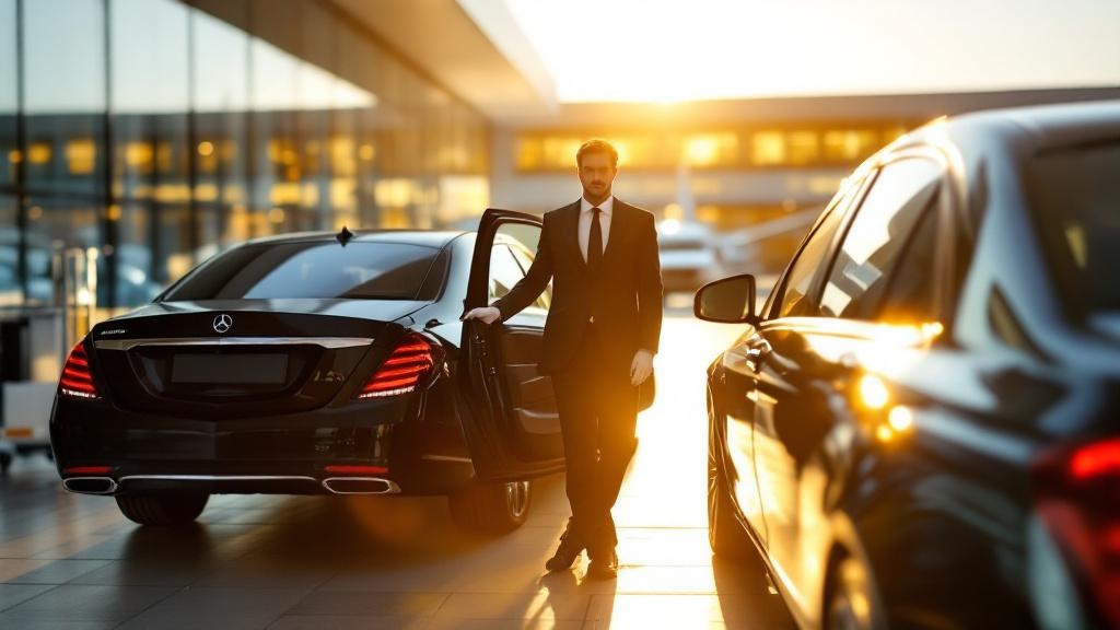 Chauffeur in suit opening luxury limo door for passenger.