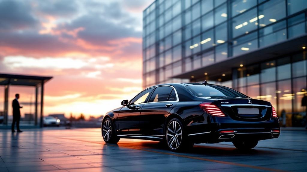 Black luxury Mercedes limousine parked curbside in Houston, ready for VIP transport